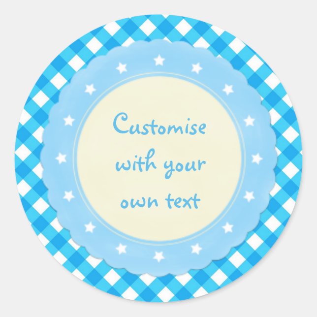 Light Blue Gingham Fancy Custom Text Classic Round Sticker (Front)