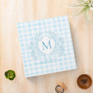 Light Blue Gingham Floral Crest Monogram Recipe 3 Ring Binder