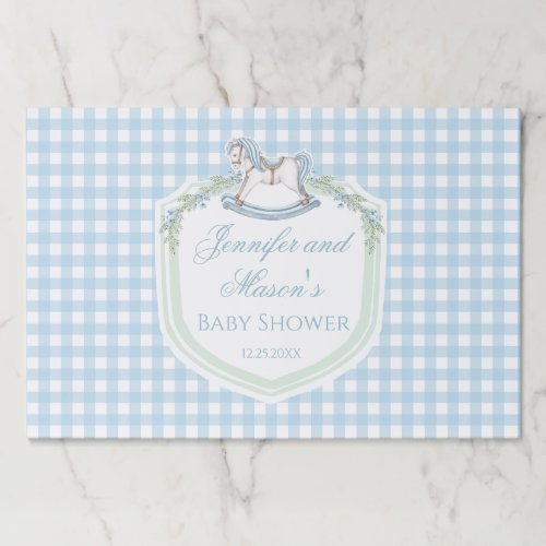 Light blue gingham French horse crest baby shower Paper Pad