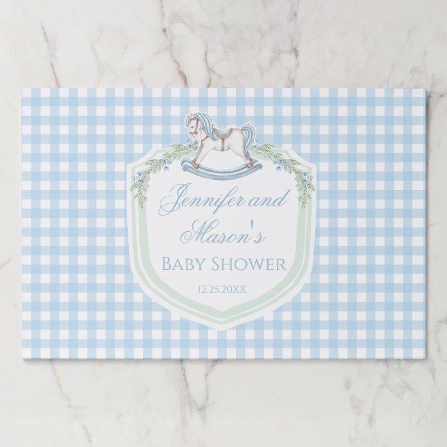 Light blue gingham French horse crest baby shower Paper Pad (Front)