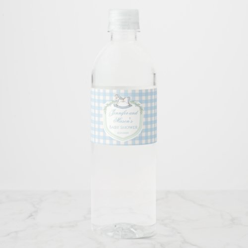 Light blue gingham horse crest baby boy shower water bottle label