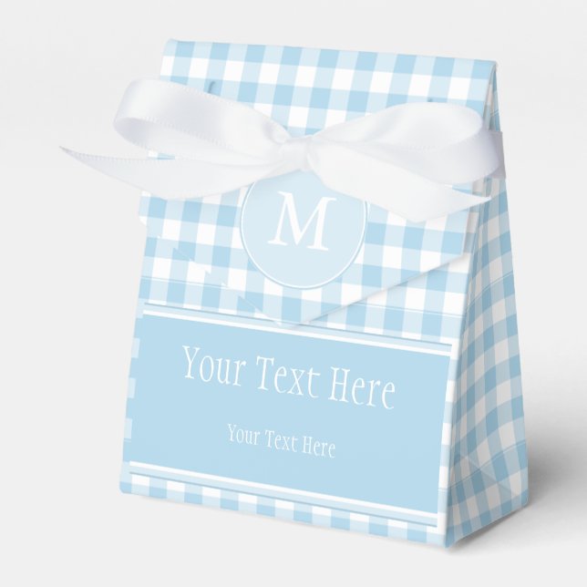 Light Blue Gingham & Monogram Favor Bag Boxes (Front Side)