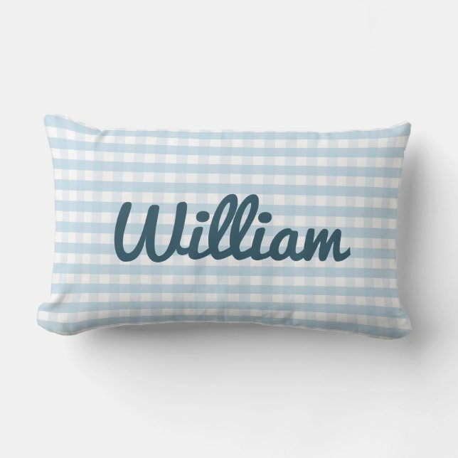 Light Blue Gingham Nursery Pillow with Name (Front)
