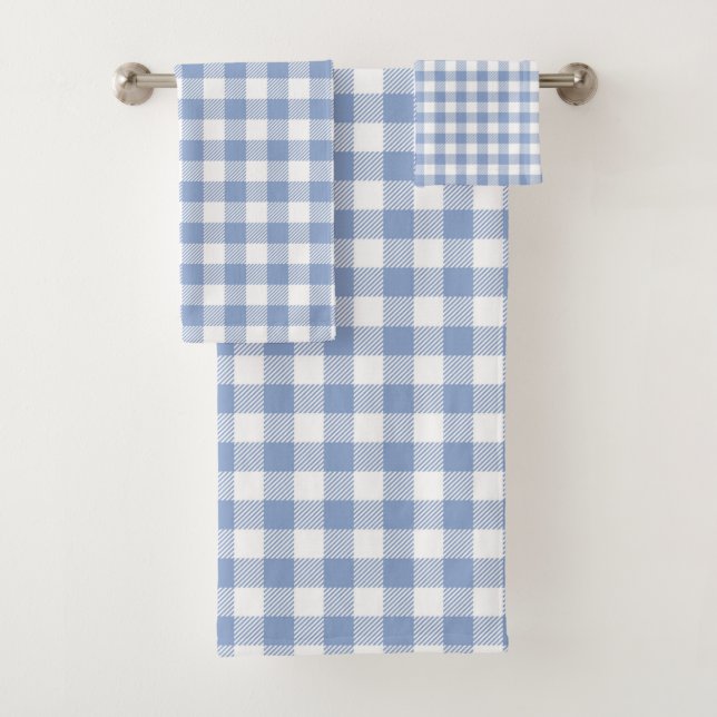 Light Blue Gingham Pattern Classic Checkered Print Bath Towel Set (Insitu)
