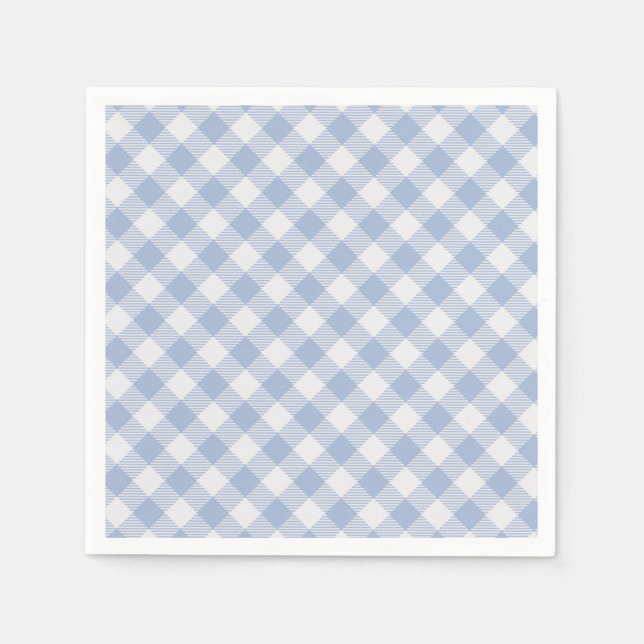 Light Blue Gingham Pattern Classic Checkered Print Paper Napkins (Front)
