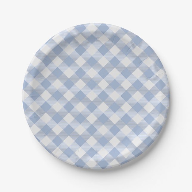 Light Blue Gingham Pattern Classic Checkered Print Paper Plates (Front)