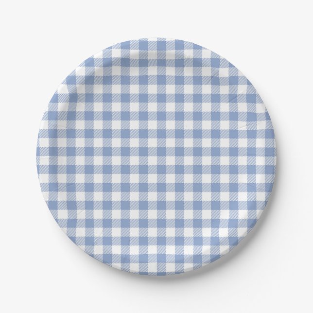 Light Blue Gingham Pattern Classic Checkered Print Paper Plates (Front)