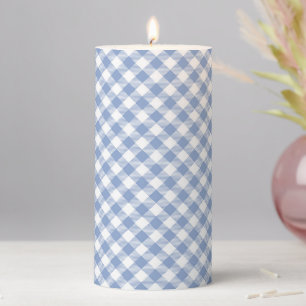 Light Blue Gingham Pattern Classic Checkered Print Pillar Candle