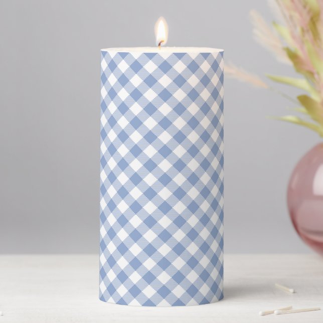 Light Blue Gingham Pattern Classic Checkered Print Pillar Candle (In Situ)