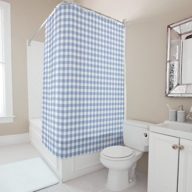 Light Blue Gingham Pattern Classic Checkered Print Shower Curtain (In Situ)