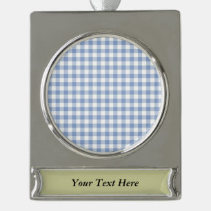 Light Blue Gingham Pattern Classic Checkered Print Silver Plated Banner Ornament