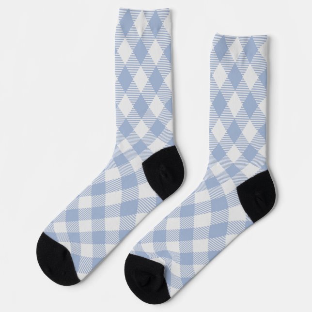 Light Blue Gingham Pattern Classic Checkered Print Socks (Left)