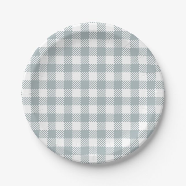 Light Blue Gingham Pattern Paper Plates (Front)