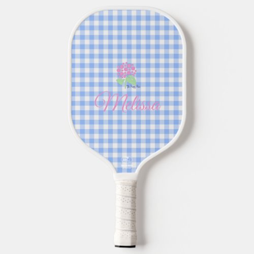 light blue gingham pickleball paddle with name