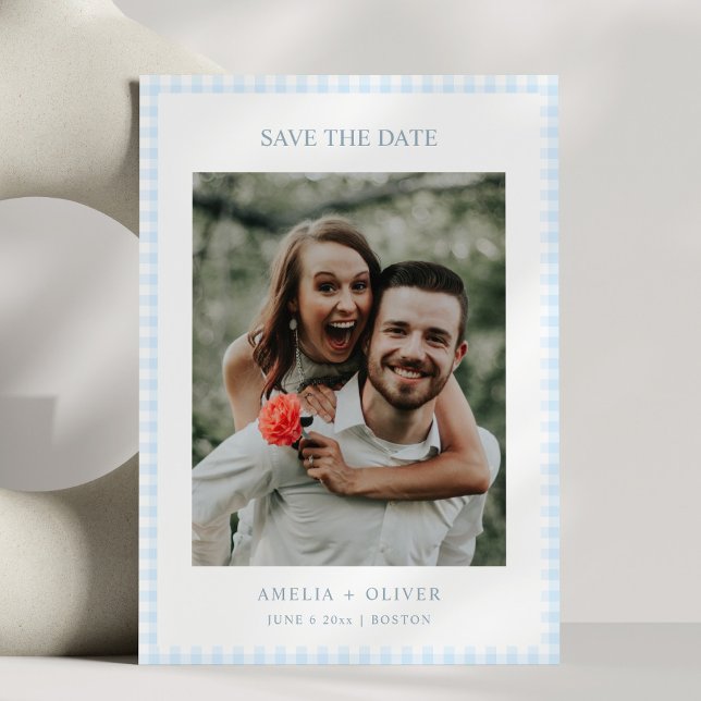 Light Blue Gingham Plaid Cute Summer Wedding Save The Date (Creator Uploaded)