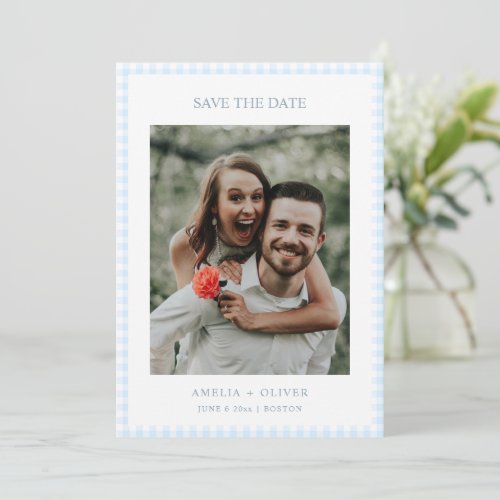 Light Blue Gingham Plaid Cute Summer Wedding Save The Date
