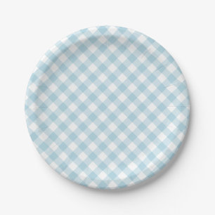 Light Blue Gingham Plaid Pattern Paper Plates