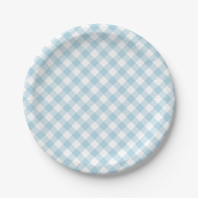 Light Blue Gingham Plaid Pattern Paper Plates (Front)