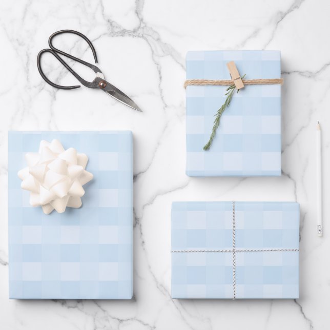 Light Blue Gingham Plaid Pattern Wrapping Paper Sheets (Front)