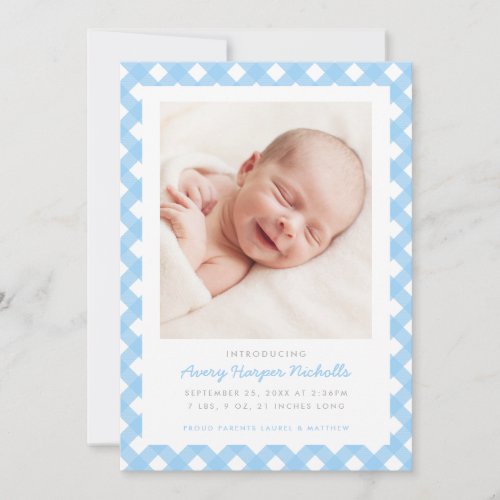 Light Blue Gingham Single Photo Birth Announcement