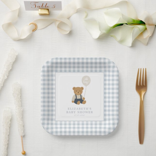 Light Blue Gingham Teddy Bear Baby Shower Paper Plates (Wedding)