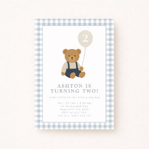 Light Blue Gingham Teddy Bear Birthday Invitation