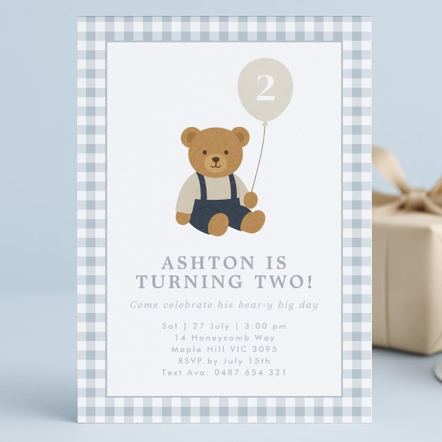 Light Blue Gingham Teddy Bear Birthday Invitation (Creator Uploaded)