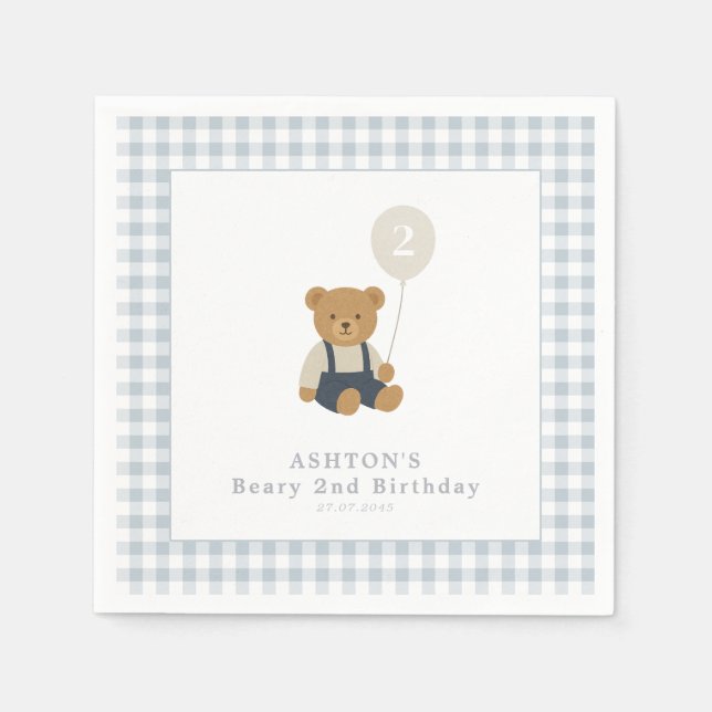 Light Blue Gingham Teddy Bear Birthday Party Napkins (Front)