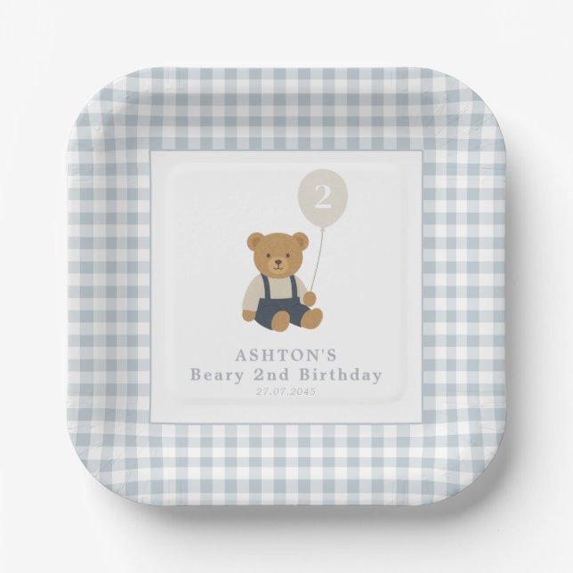 Light Blue Gingham Teddy Bear Birthday Party Paper Plates (Front)