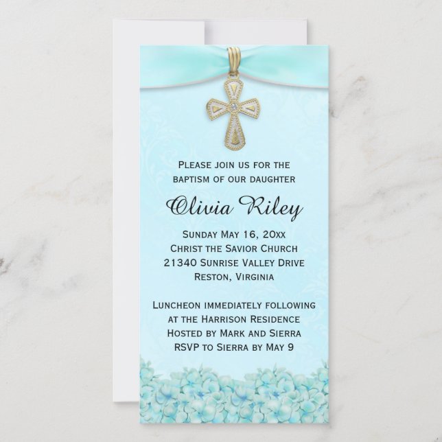 Light Blue Girls Baptism Christening Invitation (Front)