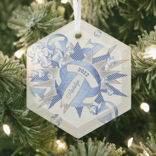 light blue girly volleyballs and stars glass ornament