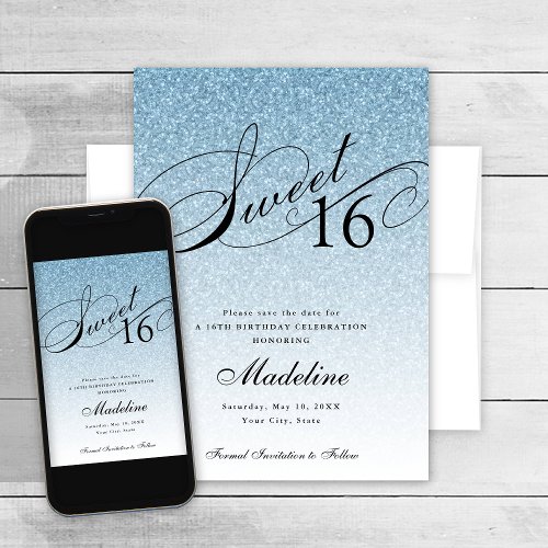 Light Blue Glam Glitter Sweet 16 Save The Date