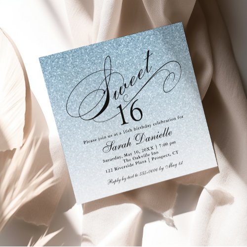 Light Blue Glam Glitter Sweet 16 Square Invitation