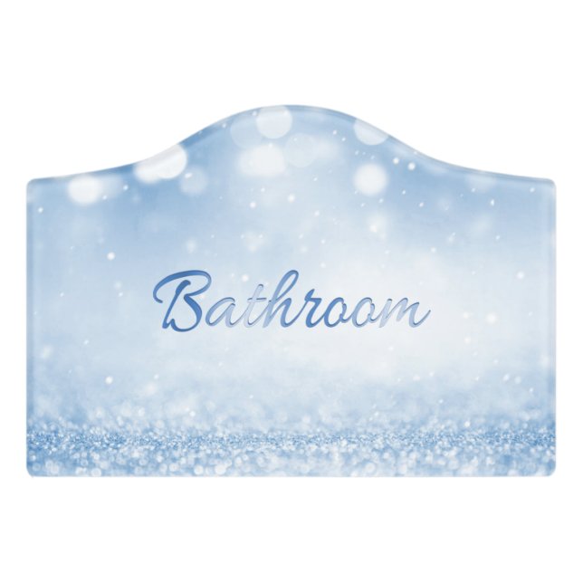 Light Blue Glitter Bokeh Bathroom  Door Sign (Small Crest Front)