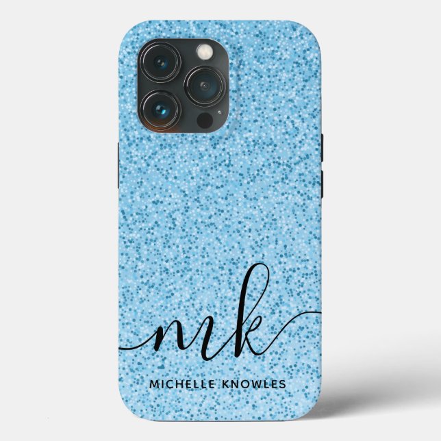 Light Blue Glitter Bokeh Custom Monogram and Name Case-Mate iPhone Case (Back)