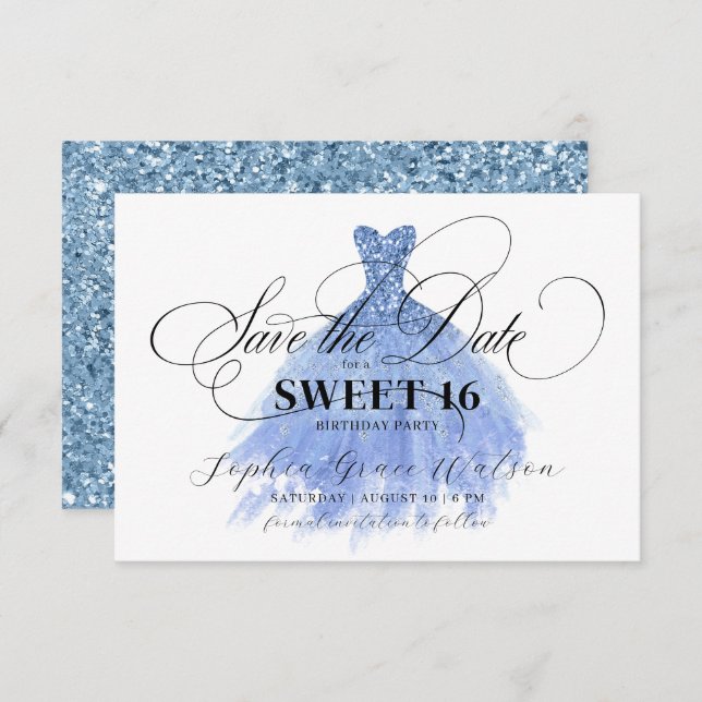 Light Blue Glitter Chic Dress Sweet 16 Birthday Save The Date (Front/Back)