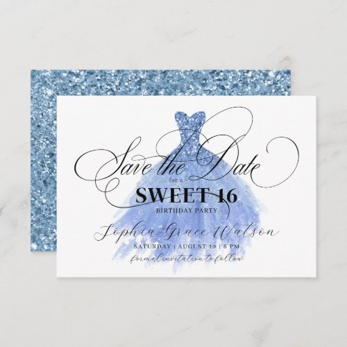 Light Blue Glitter Chic Dress Sweet 16 Birthday Save The Date