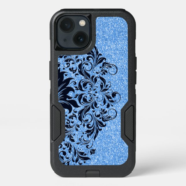 Light Blue Glitter & Dark Blue Lace Design Otterbox iPhone Case (Back)