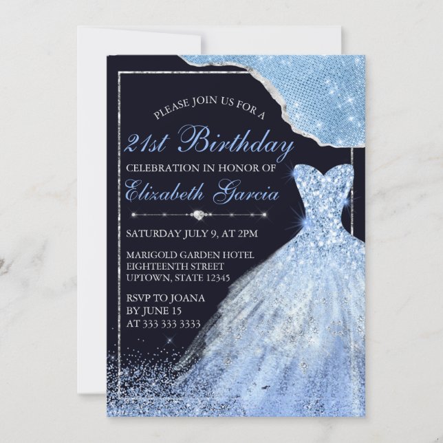 Light Blue Glitter Dress & Glam Edge 21st Birthday Invitation (Front)