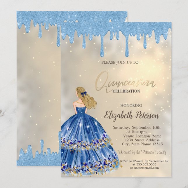 Light Blue Glitter Drips,Dress Girl Gold  Invitation (Front/Back)