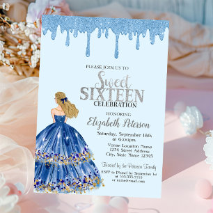 Light Blue Glitter Drips,Dress Girl Sweet 16 Invitation