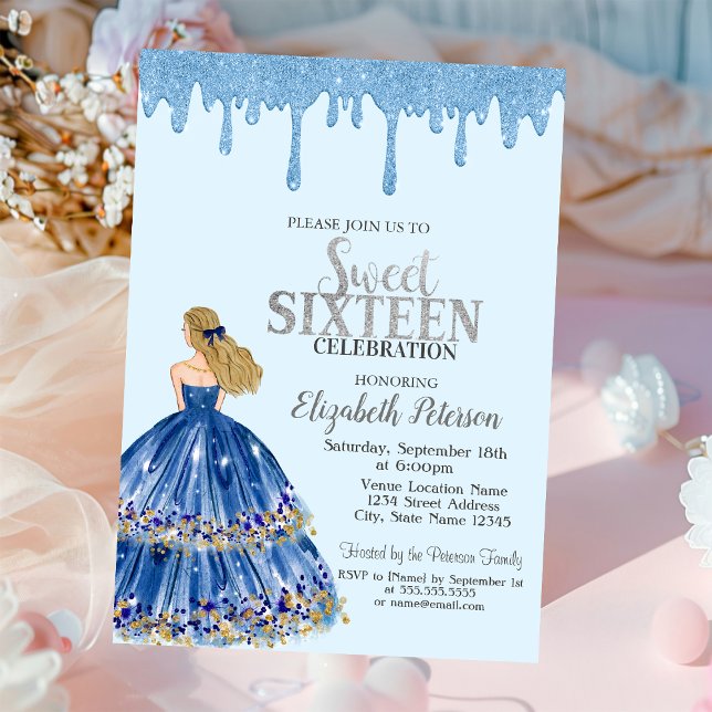 Light Blue Glitter Drips,Dress Girl Sweet 16   Invitation (Creator Uploaded)