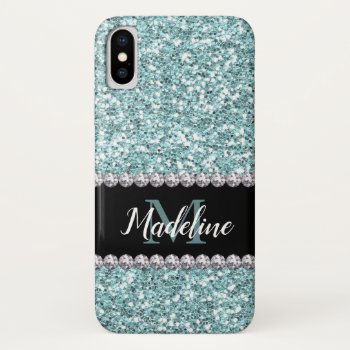 Light Blue Glitter & Gems With Name And Monogram Iphone Xs Case by CoolestPhoneCases at Zazzle