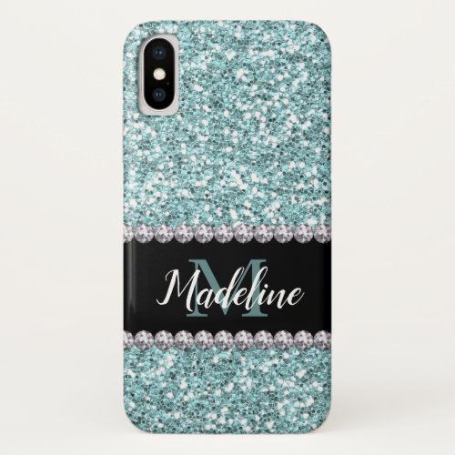 Light Blue Glitter  Gems with Name and Monogram iPhone XS Case