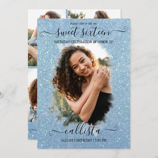 Light Blue Glitter Halo Photo Collage Sweet 16 Invitation (Front/Back)