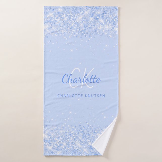 Light blue glitter name monogram elegant bath towel set (Bath Towel)