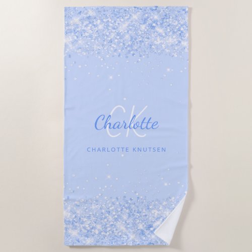 Light blue glitter name monogram elegant beach towel