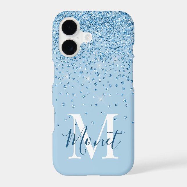 Light Blue Glitter Script Monogram Name Iphone Case (Back)