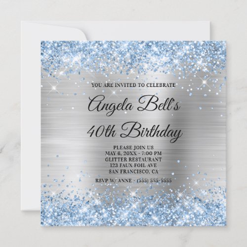 Light Blue Glitter Silver Shimmer Foil Monogram Invitation