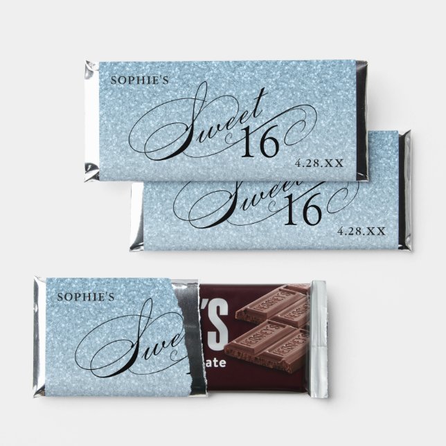 Light Blue Glitter Sweet 16 Personalized Hershey Bar Favors (Front)